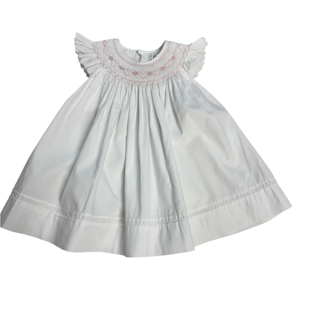 Petit Ami White Baby Dress with Pink Smocked Embroidery Size 9mo